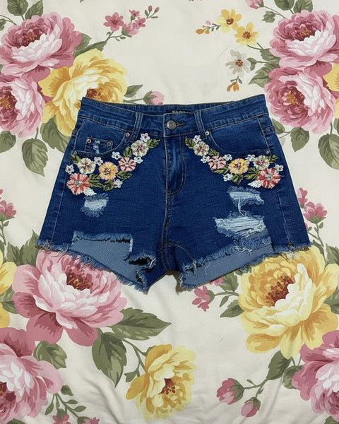 "KC" Embroidered Flowers Distressed Denim Shorts: Small