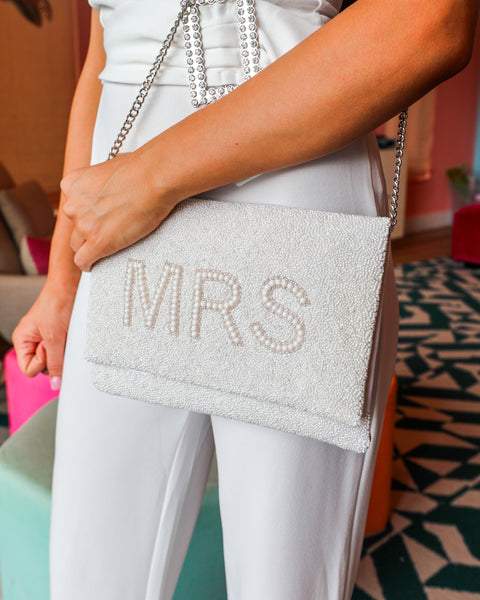 White Beaded “Mrs” Clutch - The Lace Cactus