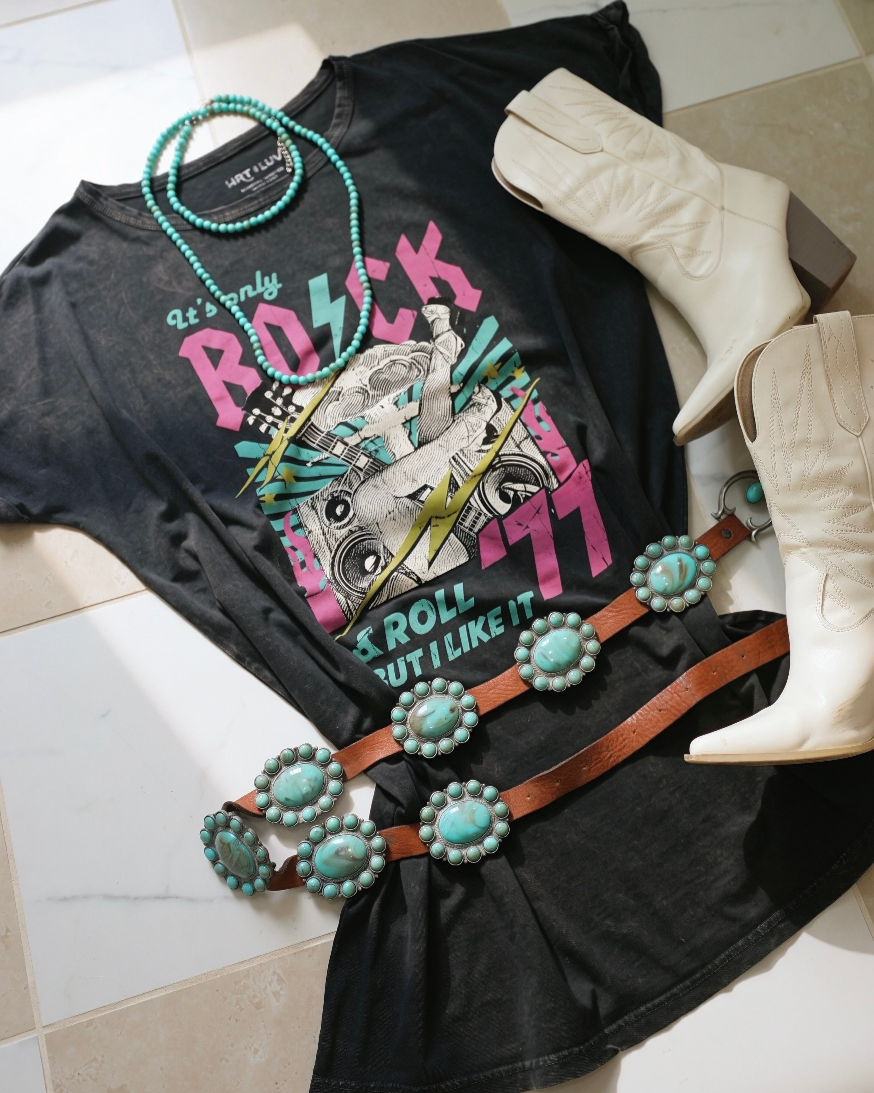 Black "ROCK N ROLL" Graphic T-shirt Dress
