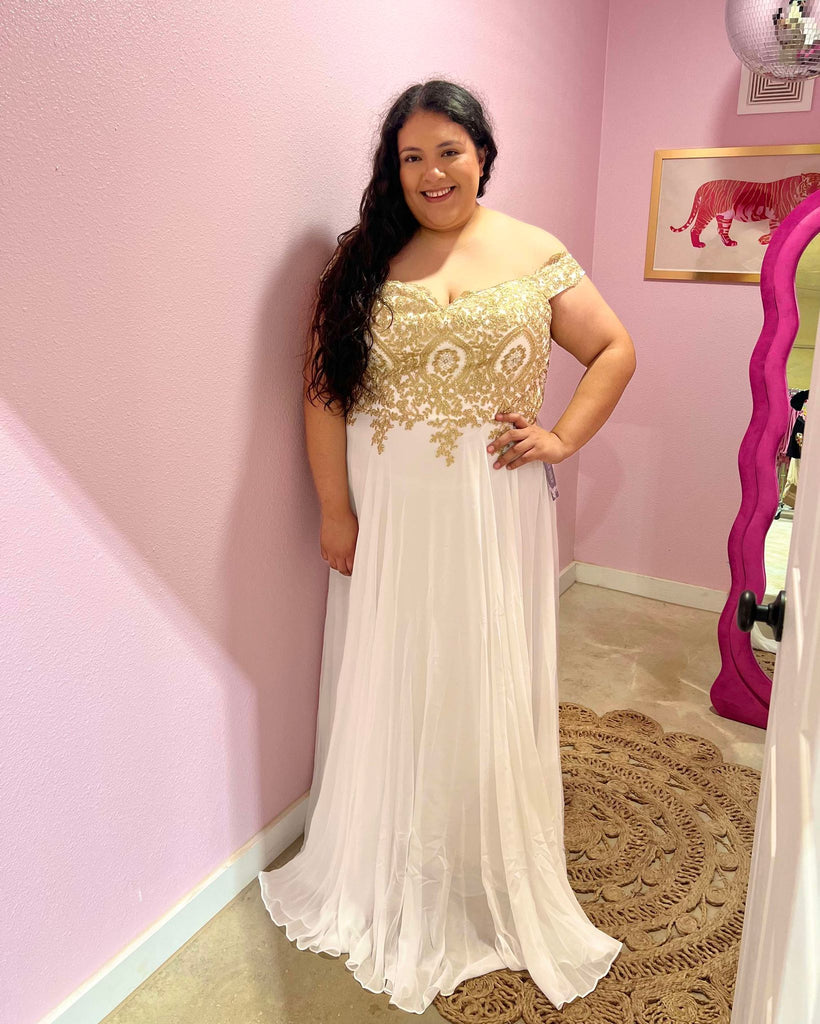 Plus Gold & White Off Shoulder Wedding Gown Plus Gold & White Off Shoulder Wedding Gown