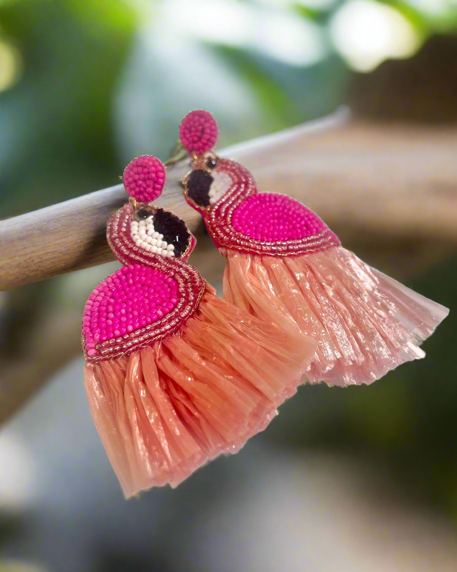 Strawberry Seed Bead Flamingo Earrings