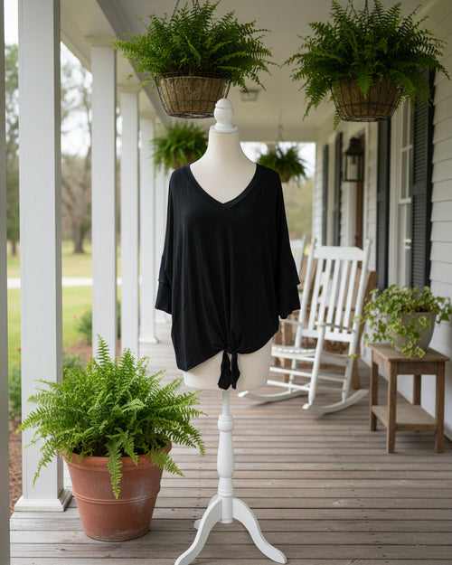 "KC" Black V-Neck Ruffle Sleeve Top