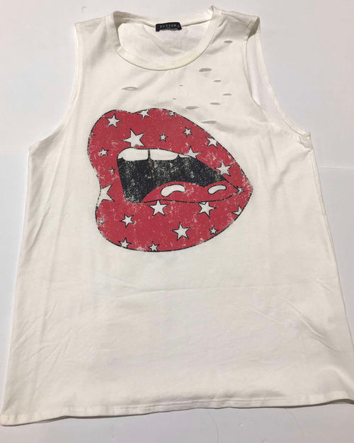 "KC" Distressed Lips Tank Off White-SM