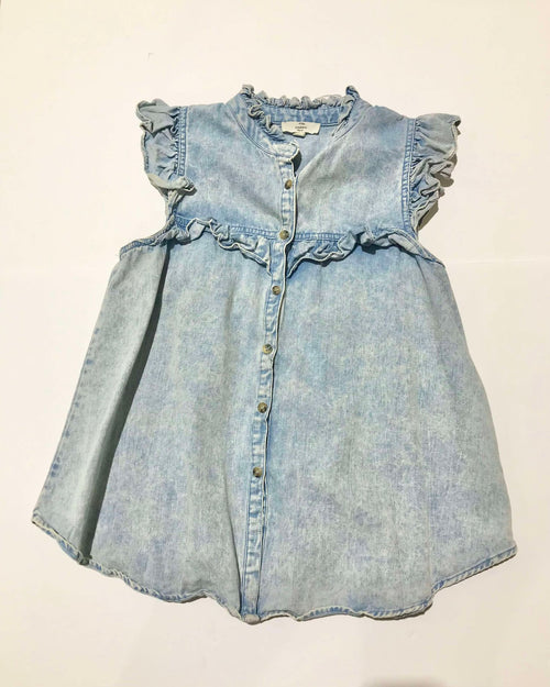 "KC" Blue Ruffled Denim Button Up Sleeveless Top: SM