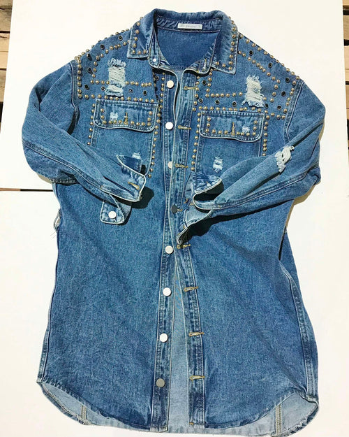 "KC" Rocker Washed Studded Denim Jacket: SM