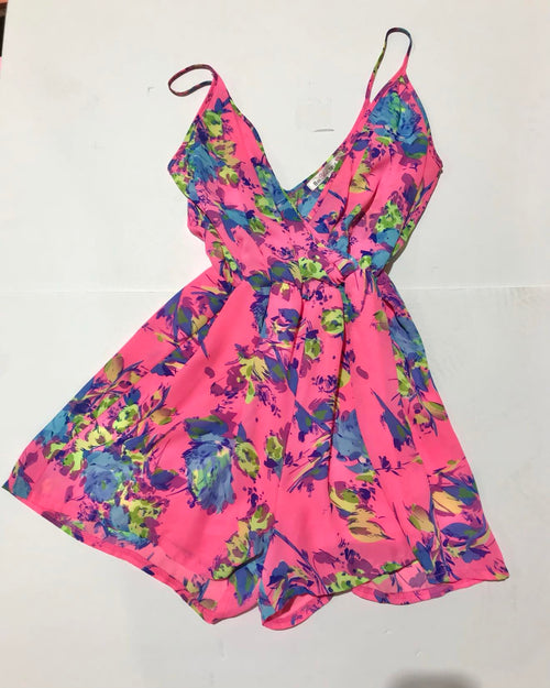 "KC" Be Youthful Hot Pink/ Blue Floral Romper: SM