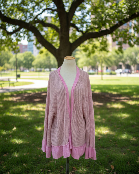 "KC" Pink Waffle Knit & Gauze Cardigan : Large