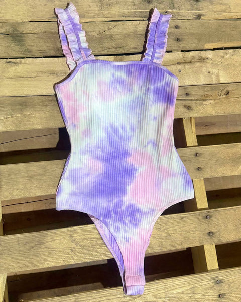 "KC" Purple Tie-Dye Ruffle Strap Bodysuit:SM