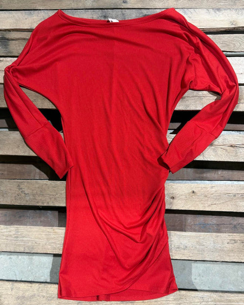 “KC "Red Ribbed Ruched Midi Dress: SMALL