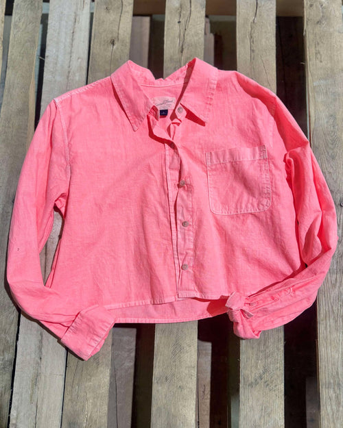 "KC" Neon Coral Cropped Button Up Shirt: MD