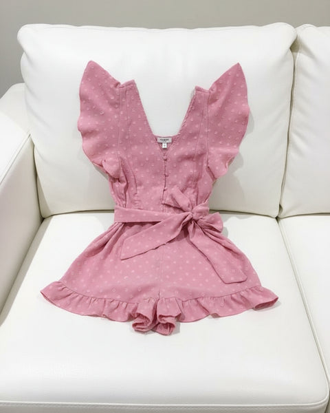 "KC" Pink Dot Flutter Sleeve Ruffle Hem Romper: Small