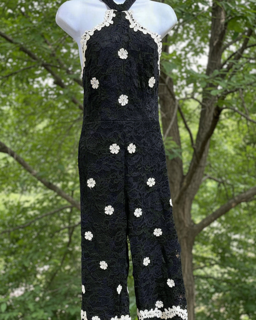 "KC" Black Lace Jumpsuit With White Trim: XSmall