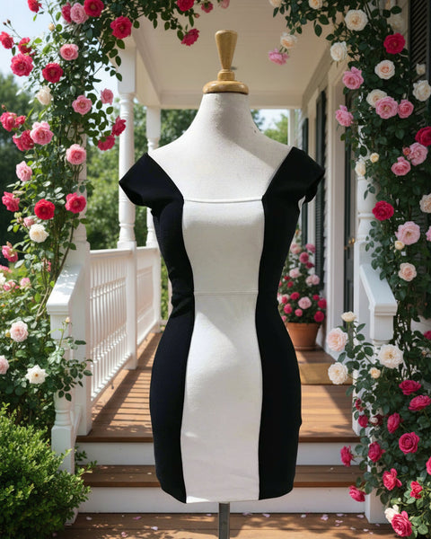"KC" Black And White Square Neck Sleevelss Dress: Small