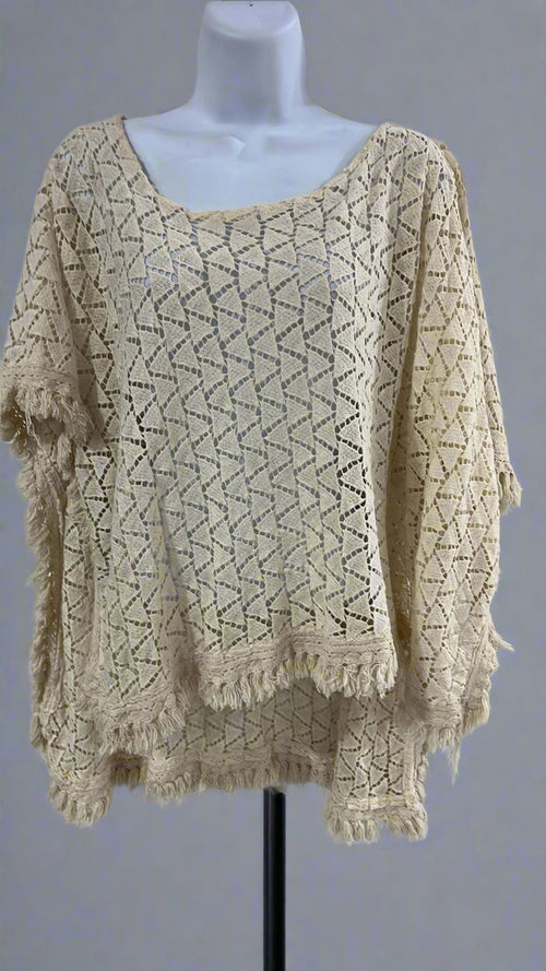 "KC" Cream Crochet Poncho: OS