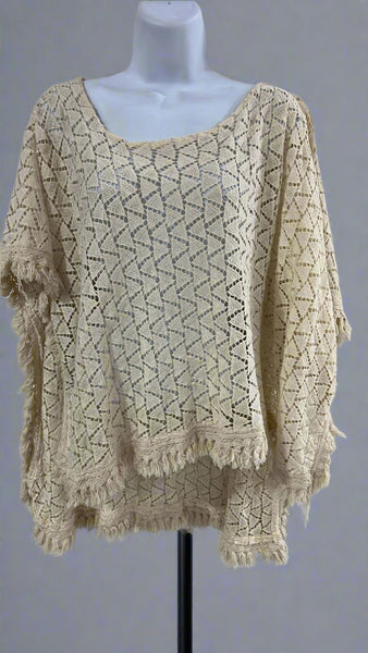 "KC" Cream Crochet Poncho: OS