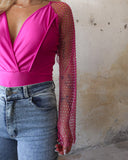 Harlow Hot Pink Rhinestone Sleeve Bodysuit - The Lace Cactus