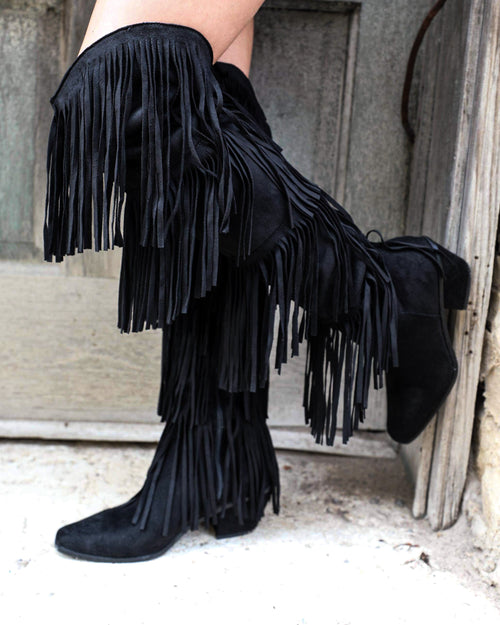 Hartley Black Suede Fringe Boots - The Lace Cactus