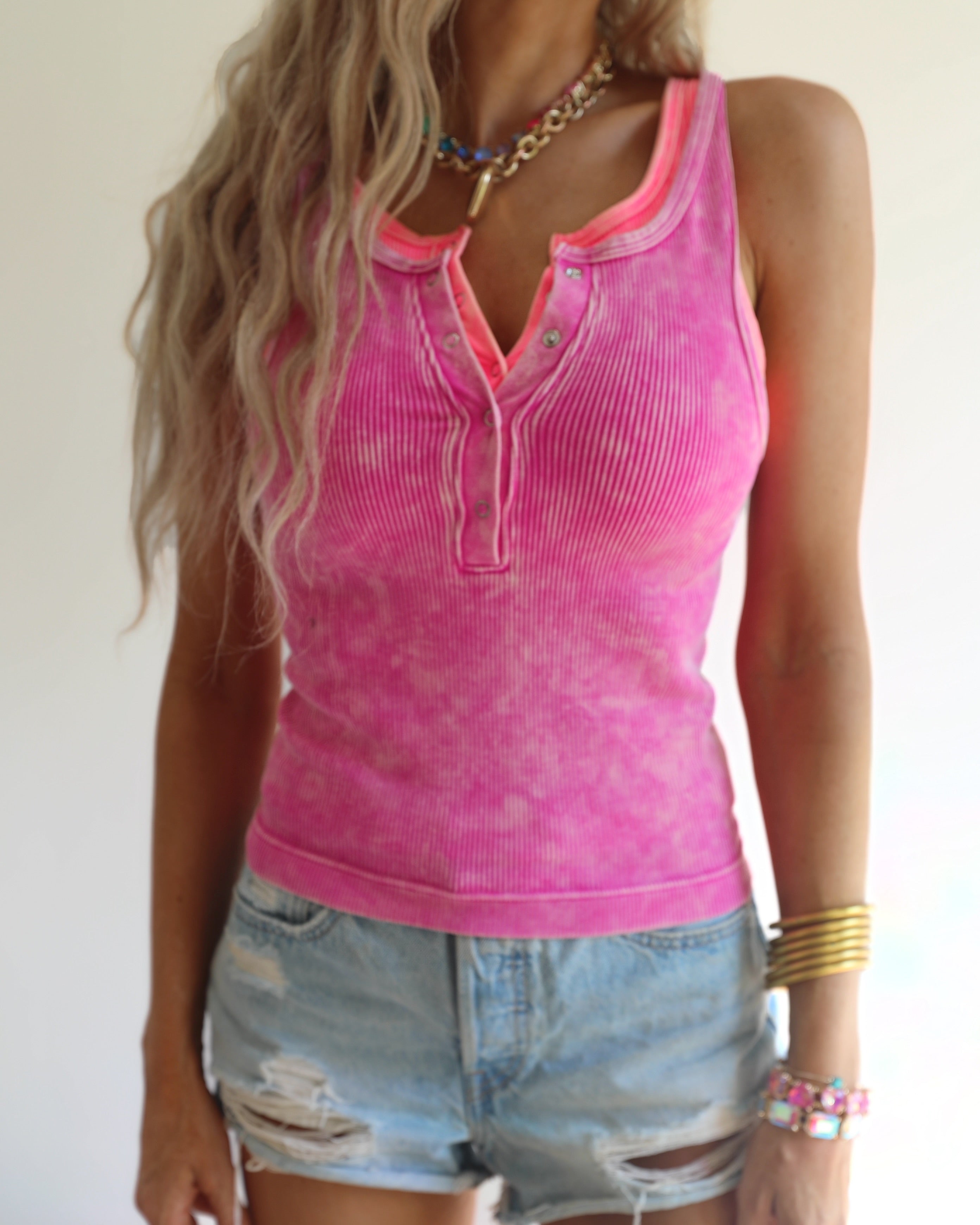 Neon Magenta Button Up Ribbed Tanks