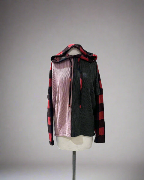 Buffalo Plaid Sleeves With Pink & Black Colorblock Hoodie