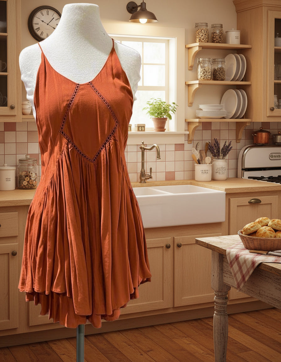 "KC" Rust Layered Skirt Asymmetrical Dress: XSmall