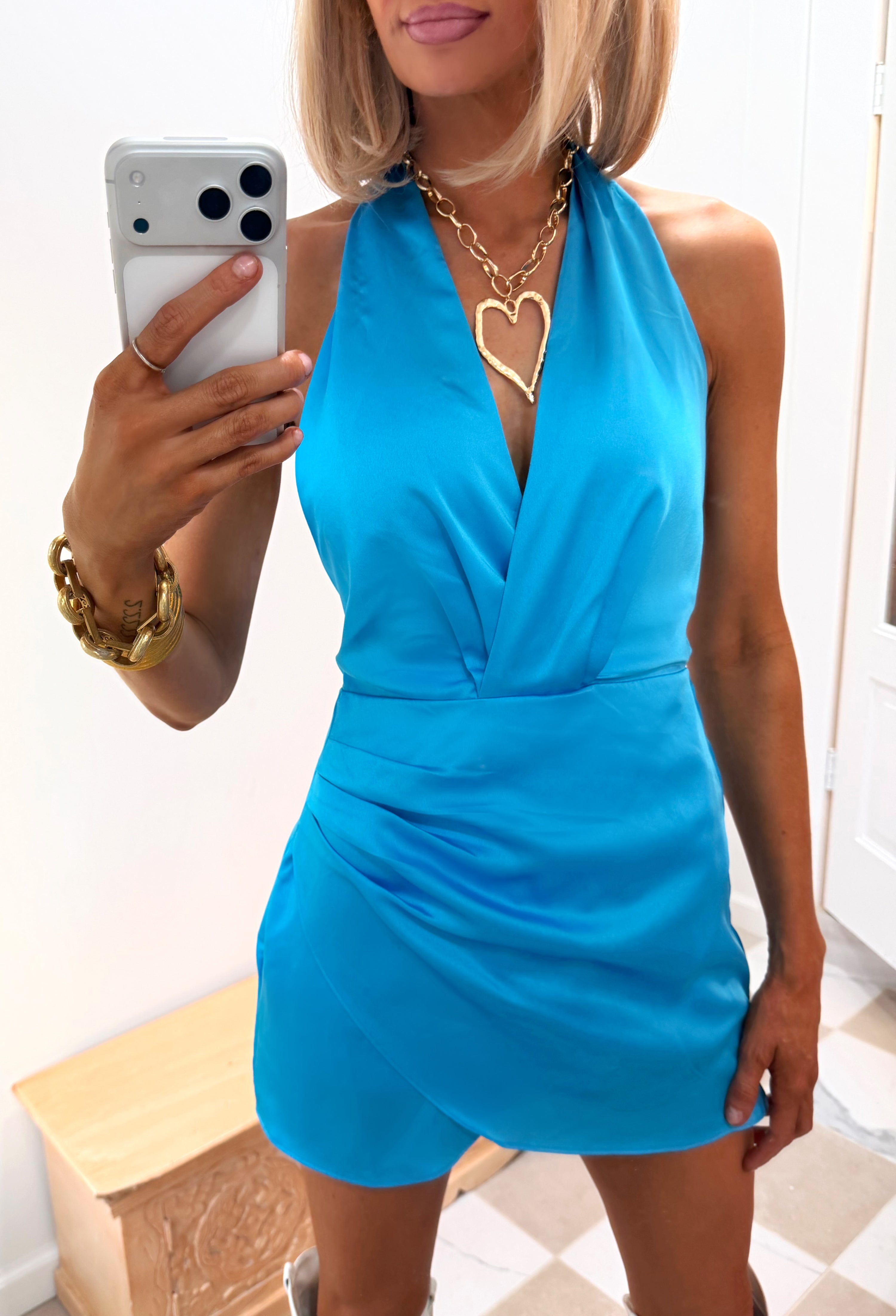 Sky Satin Halter Romper Dress