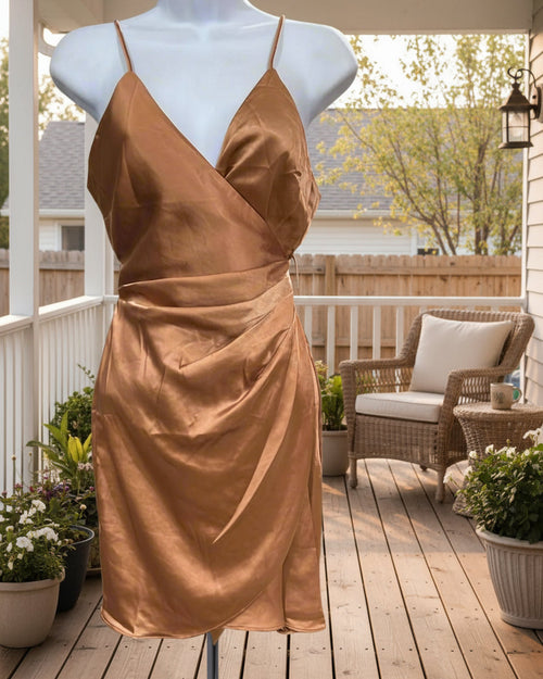 "KC" Bronze Wrap Mini Dress: Small