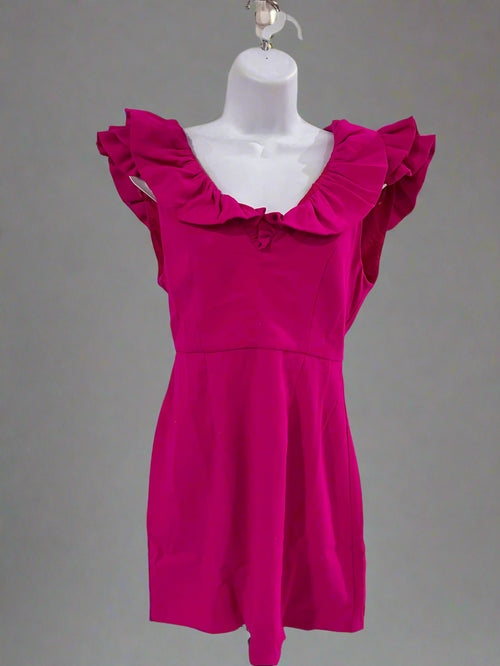 "KC" Fuchsia Ruffle Neck Midi Dress: Small