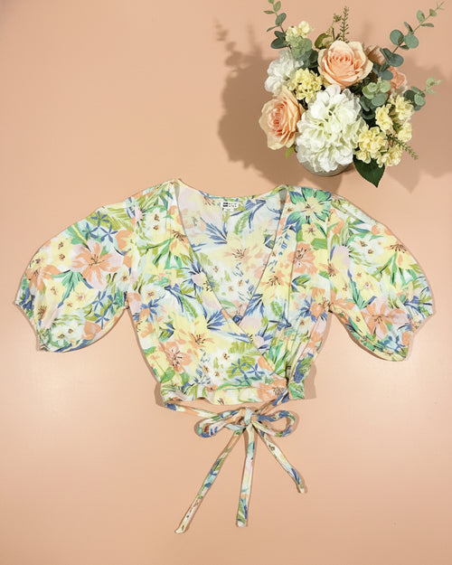 "KC" Yellow & Peach Floral Wrap Crop Top (Billa Bong): Small