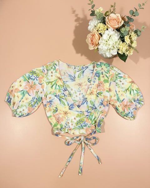 "KC" Yellow & Peach Floral Wrap Crop Top (Billa Bong): Small