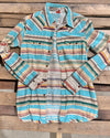 “KC” Teska Polizzi Aqua/ Beige Stripe Pearl Snap Shirt:SMALL