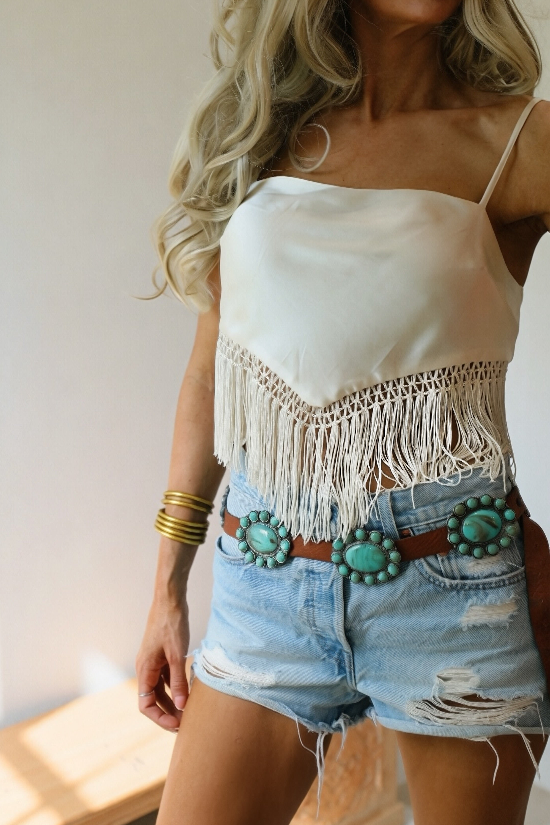 Cream Fringe Bow Back Tank