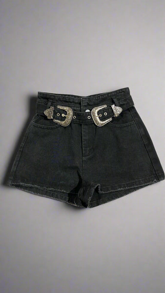 "KC" Double Buckle Black Denim Shorts: Small