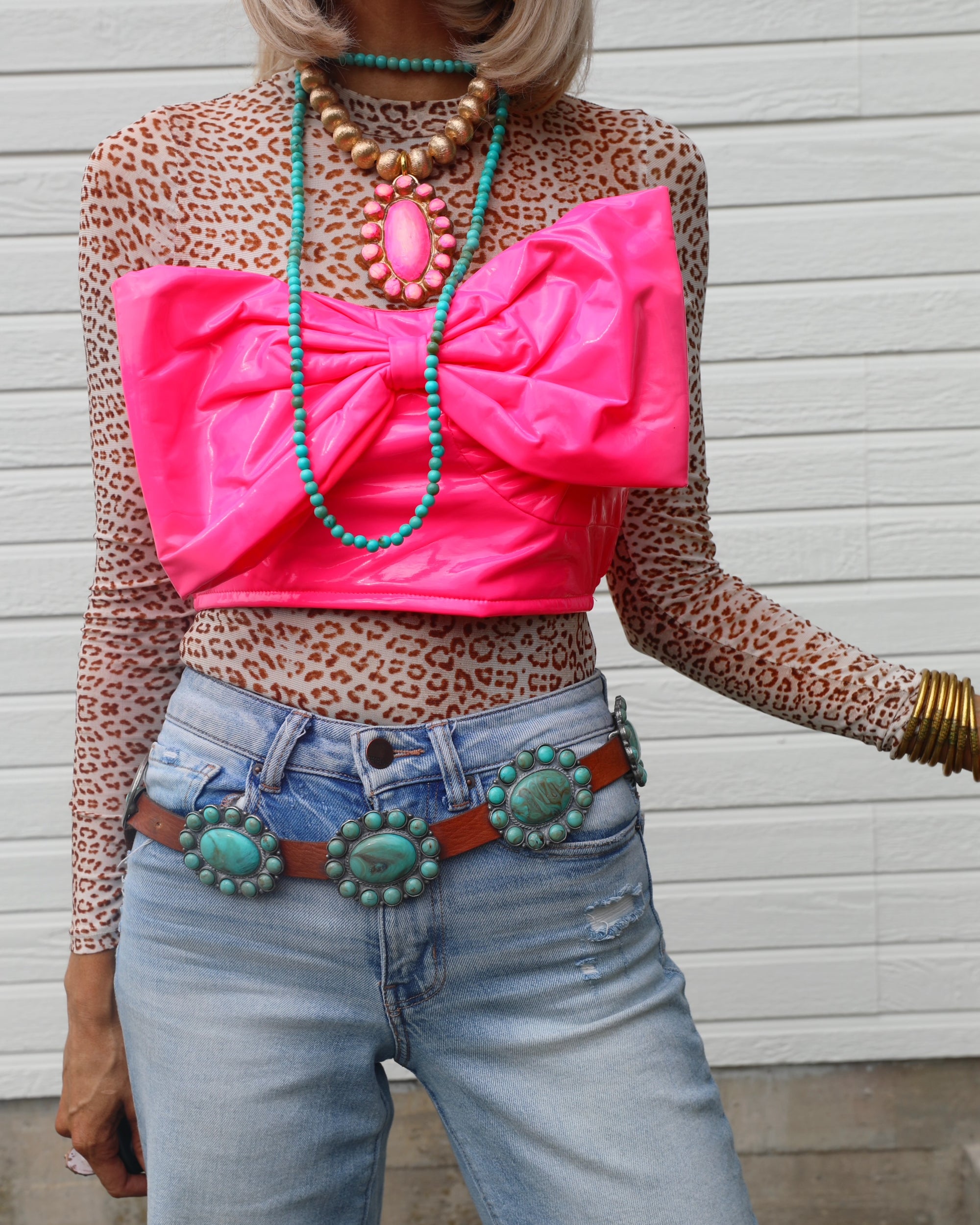 Neon Pink Bow Leather Top
