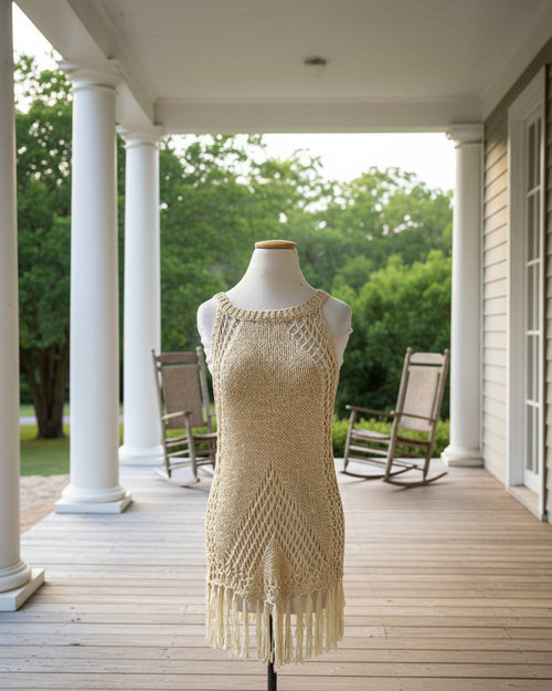 "KC" Wheat Knit Ribbon Mini Dress: Small