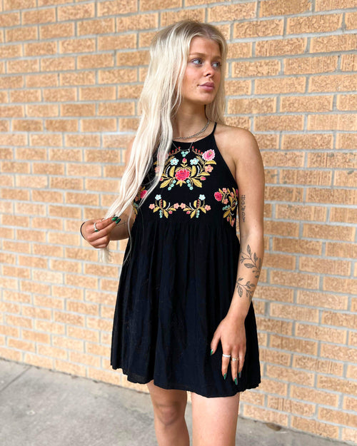 “KC” Black Embroidered Dress Size: SM - The Lace Cactus