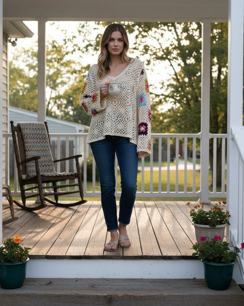 Cream Granny Square V-Neck Crochet Top