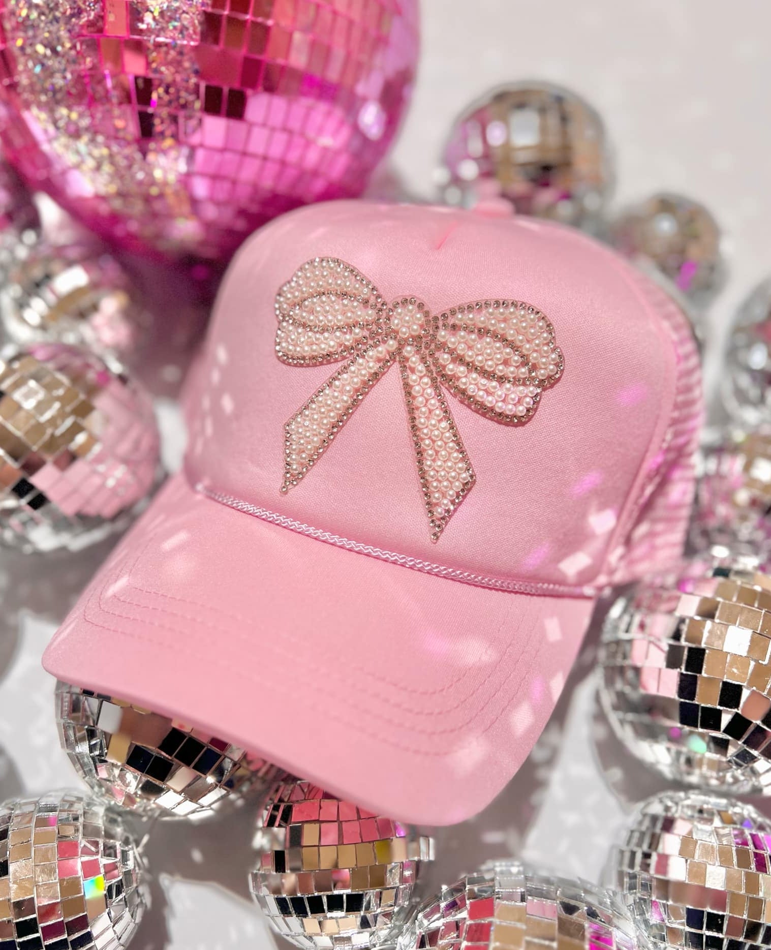 Pink & Pearls Rhinestone Bow Patch  Trucker Hat