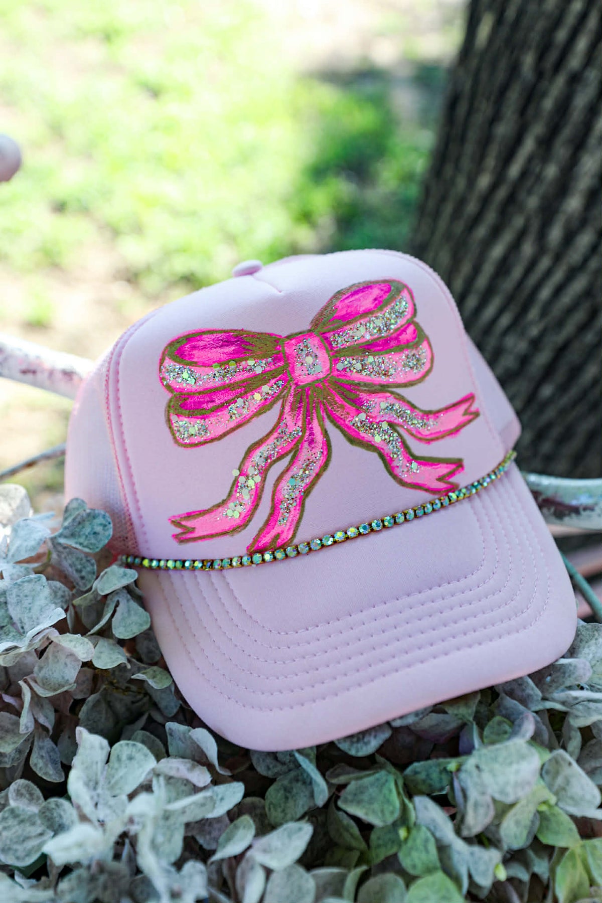 Custom Light Pink Glitter Double Bow Trucker Hat