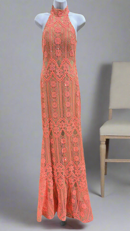 "KC" JOVANI Coral Lace & Rhinestone Maxi Dress: Size 2