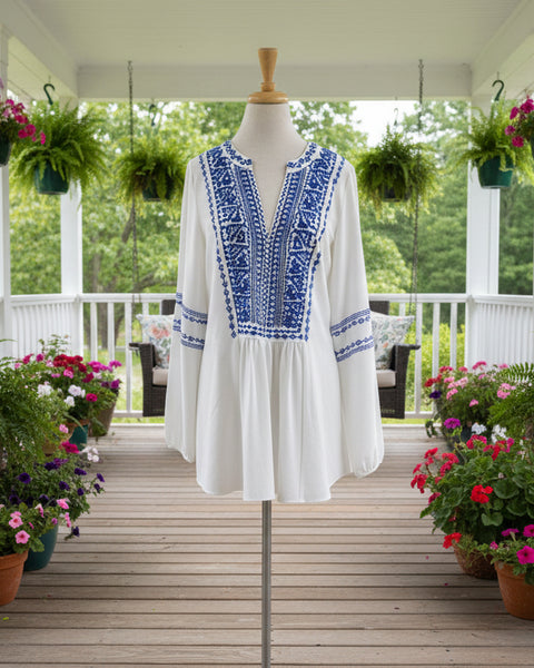 "KC" White Bubble Sleeve Blue Embroidered Dress: XSmall