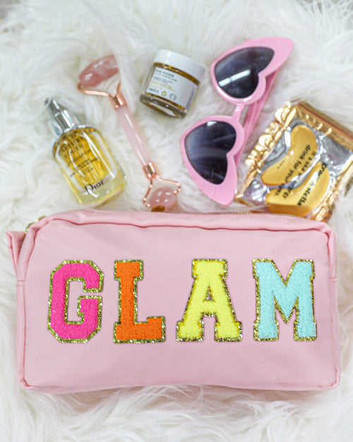 #15 Pink "Glam" Patch Cosmetic Bag - The Lace Cactus