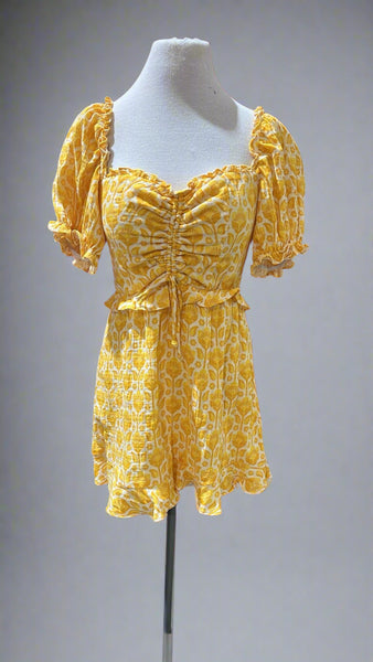 "KC" Yellow Floral Ruched Smocked Dress: Small