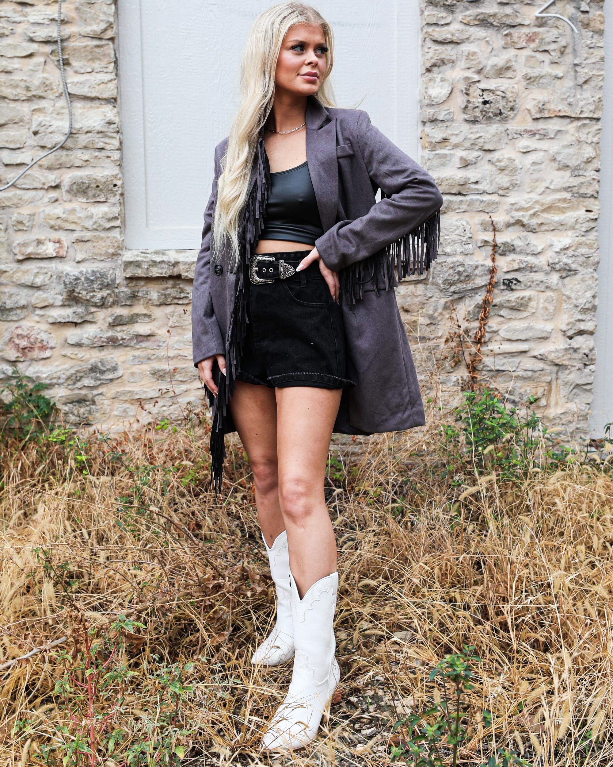 Gemma Charcoal Fringe Blazer - The Lace Cactus