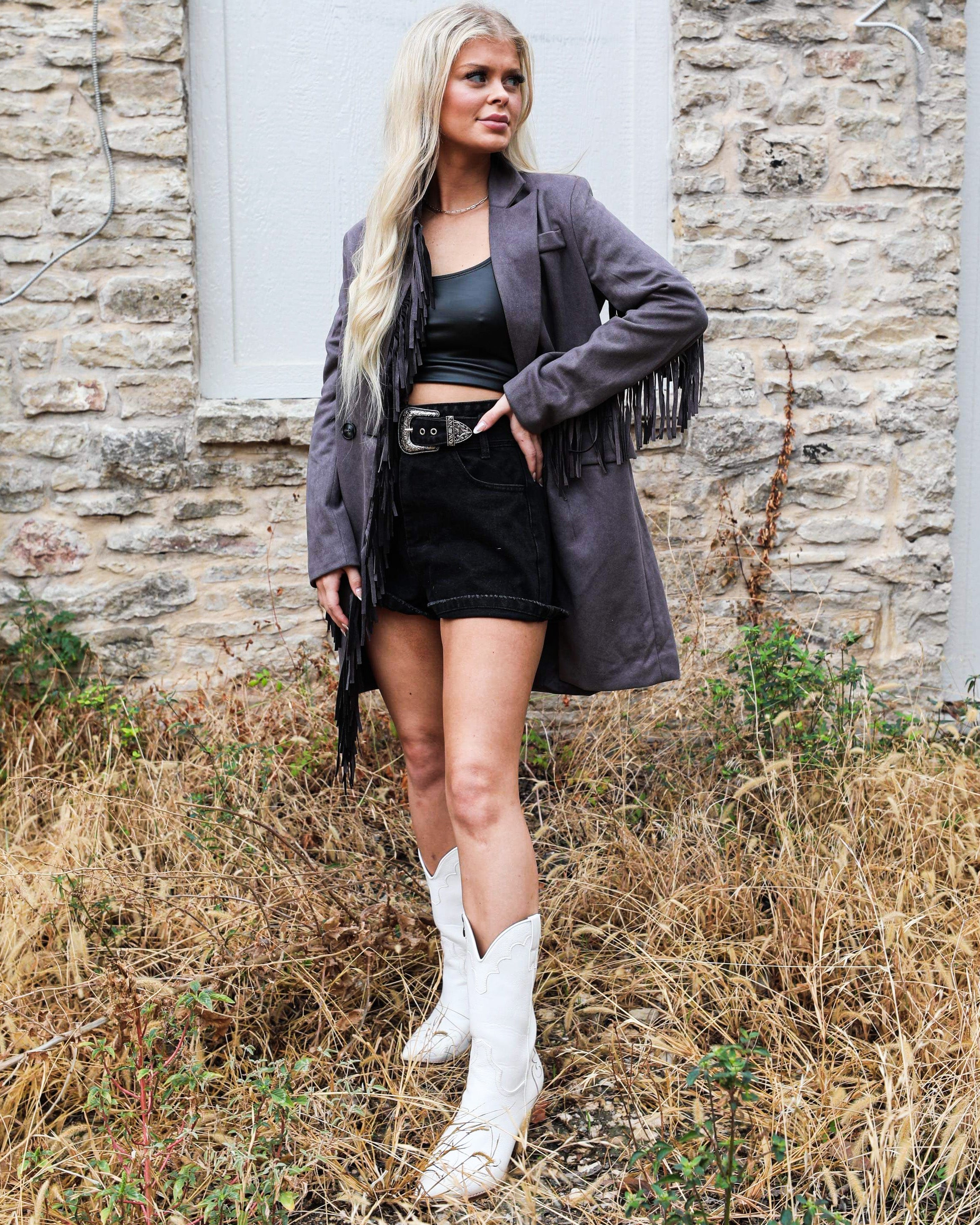 Gemma Charcoal Fringe Blazer - The Lace Cactus