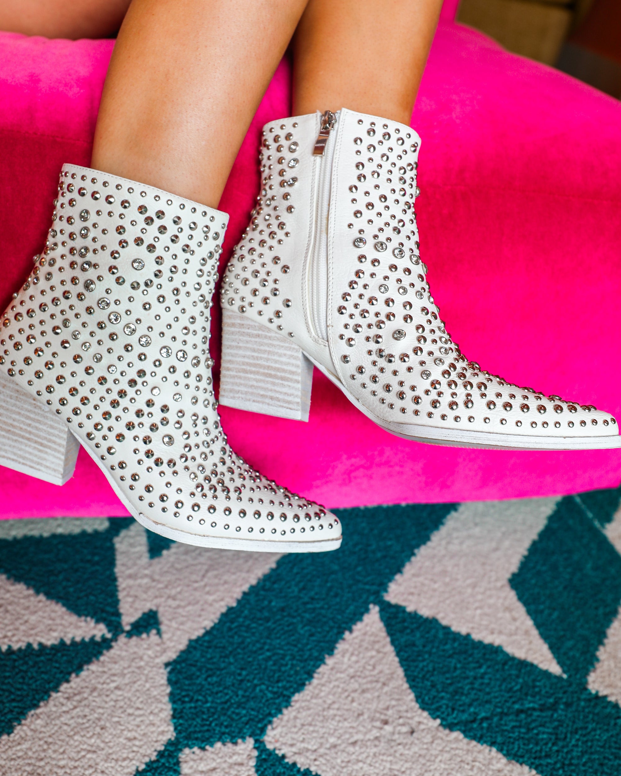 Hazel White Studded Rhinestone Booties - The Lace Cactus