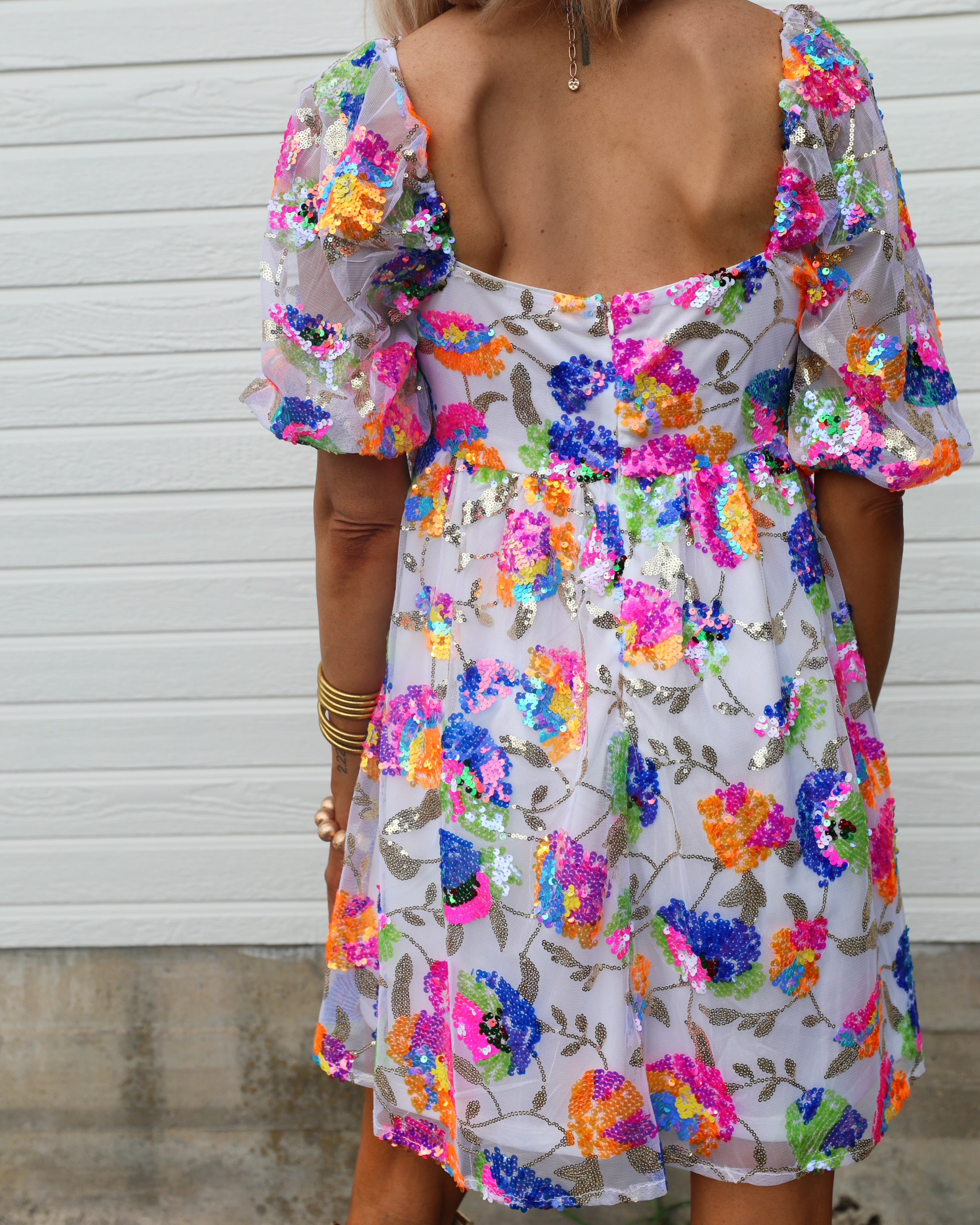 Multi Color Floral Sequin Babydoll Dress