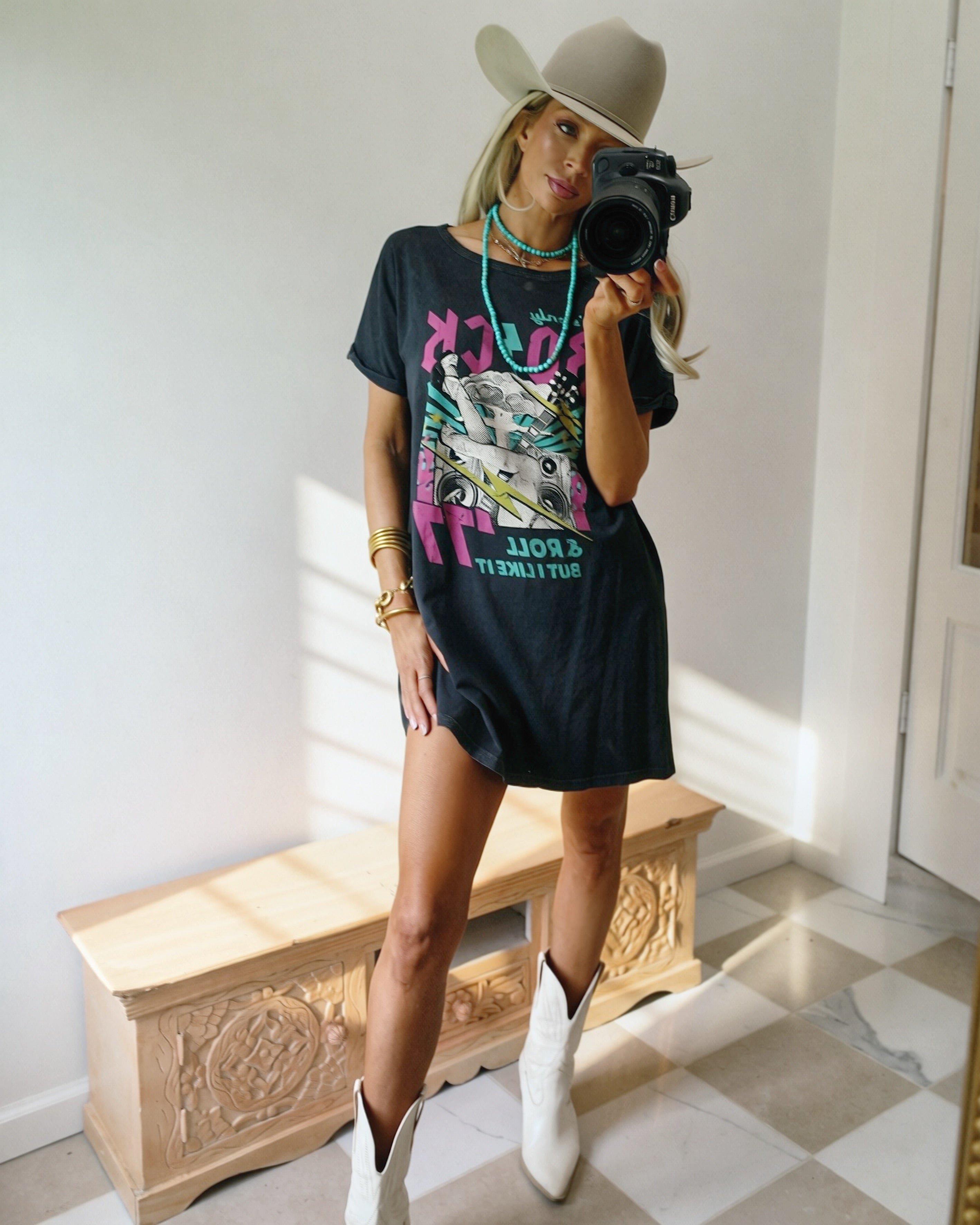 Black "ROCK N ROLL" Graphic T-shirt Dress
