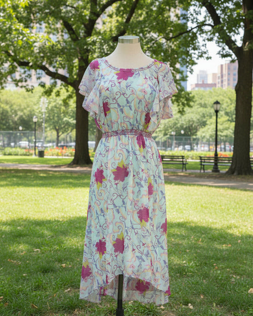 "KC" Colorful Lined Floral Hi-Lo Dress