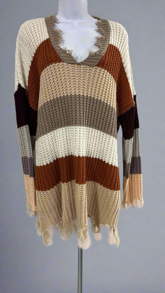 "KC" Rust & Taupe Distressed Chunky Sweater: S/M