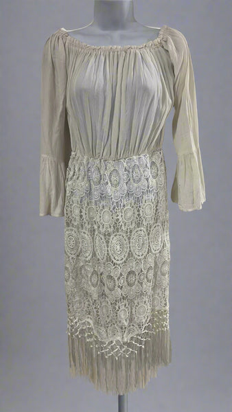 "KC" White Peasant Dress with Lace Skirt: Small